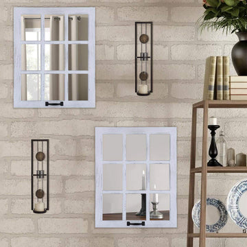 Decorative Mirror-Distressed Wood Windowpane Mirror- Rustic Home Decoration Window Frame Wall Mirror with Hanging