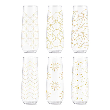 POP 9oz Flute Festive Cheers Series, SET OF 6, Premium Quality, Recyclable, Unbreakable & Crystal Clear Plastic
