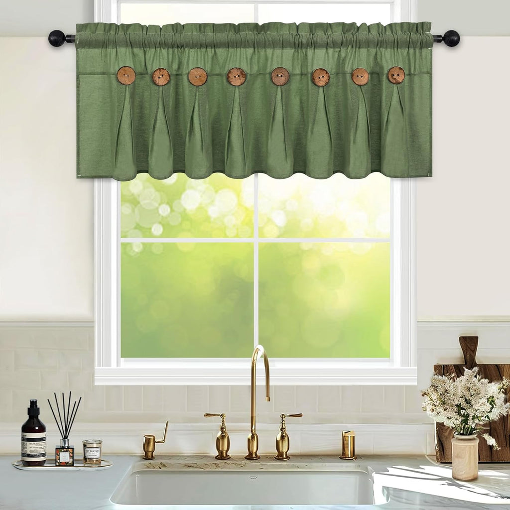 Farmhouse Valance Curtains, Boho Cotton Linen Kitchen Valance, Olive Green Rustic Button Window Valances for Kitchen