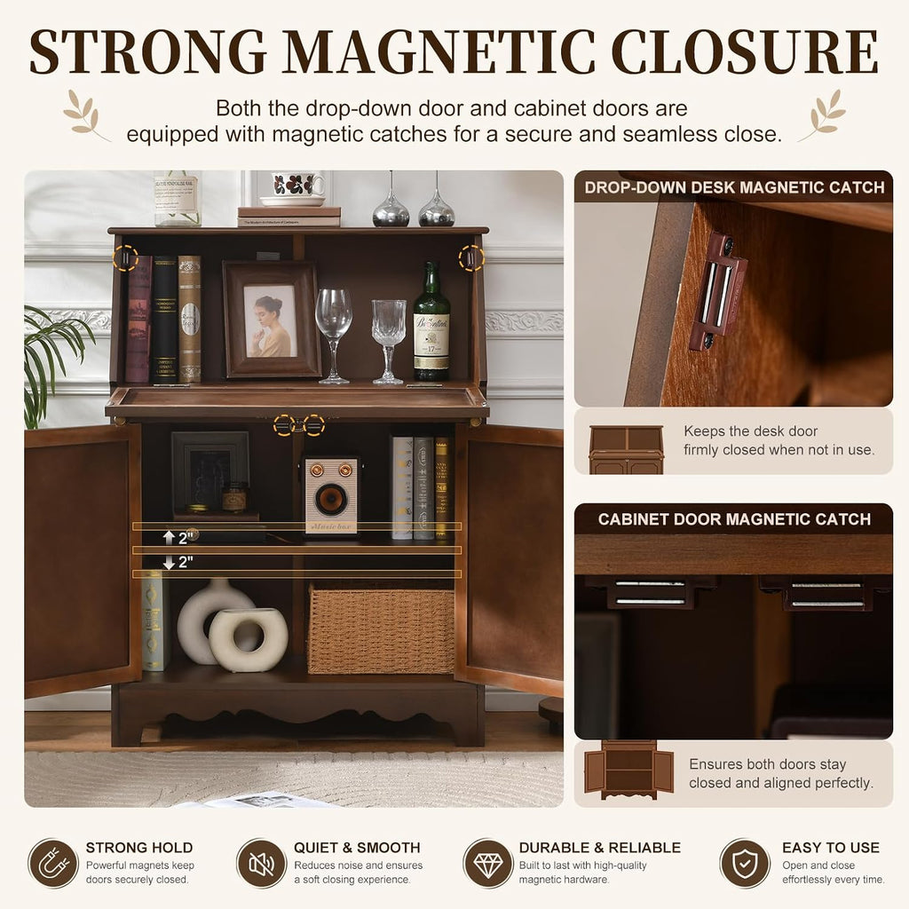 Vintage Storage Cabinet with Flip Down Desk, Wood Accent Cabinet with Adjustable Shelf and Hidden Workspace, Entryway