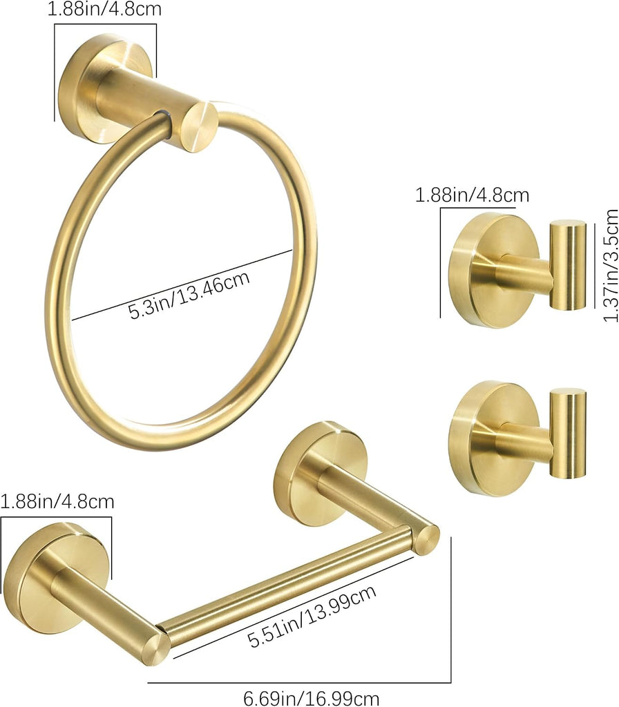 Gold Bathroom Hardware Set, Brushed Gold Toilet Paper Holder Towel Ring 2 Robe Hooks Wall Mount Hand Towel Holder