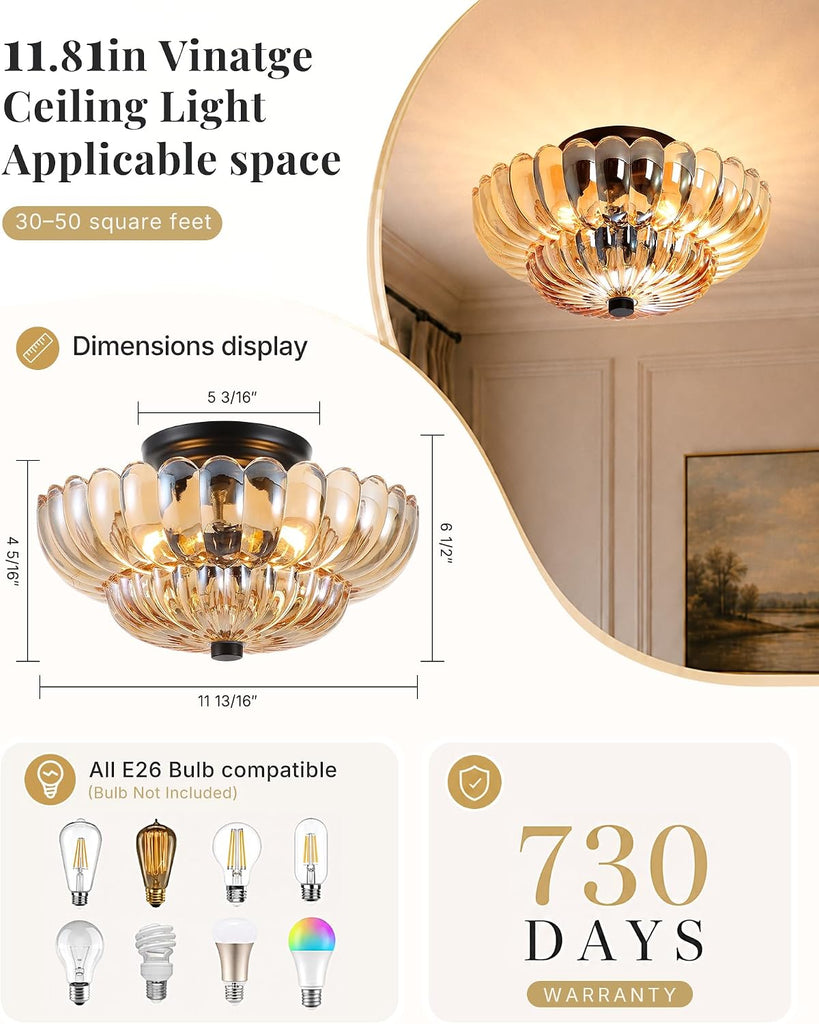 Semi Flush Mount Ceiling Light Fixture 11.8" Vinatge Black Ceiling Lights Mid Century Modern Glass Close to Ceiling