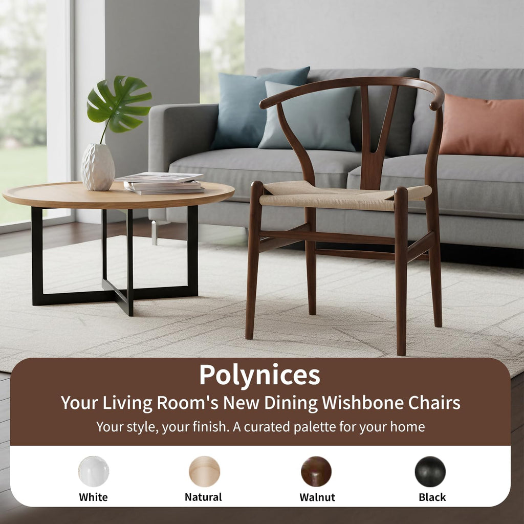 Wishbone Chair, Weave Solid Wood Mid-Century Modern Y Shaped Backrest Dining Chair (Walnut Set of 2)
