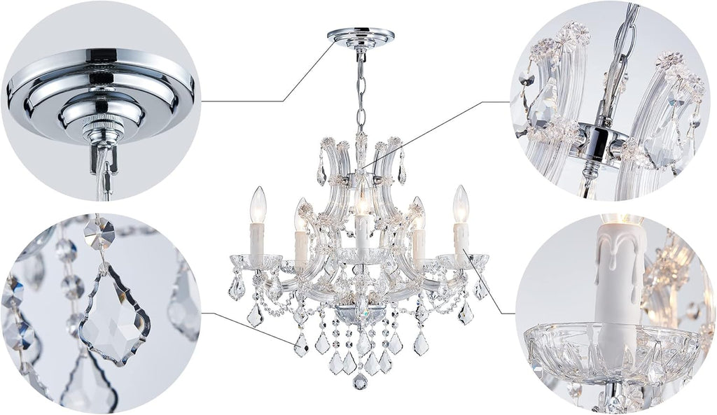 5 Light Crystal Maria Theresa Chandelier, Modern K9 Crystal Chandelier Lighting,Crystal Pendant Lighting Fixture for Dining Room,Bedroom,Living Room,H22 x W20 with Adjustable Chain