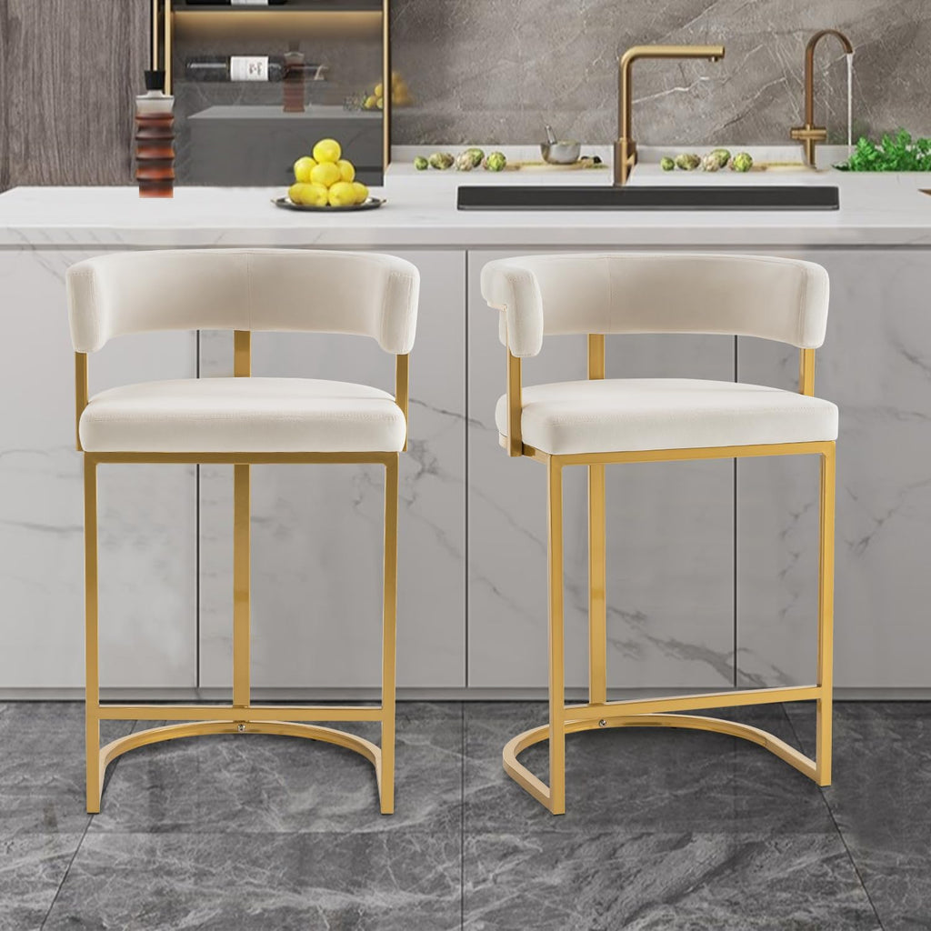 Set of 2 Beige Modern Velvet Bar Stools with Barrel Backrest, Upholstered Seat, and Gold Metal Footrest - 25.6-Inch