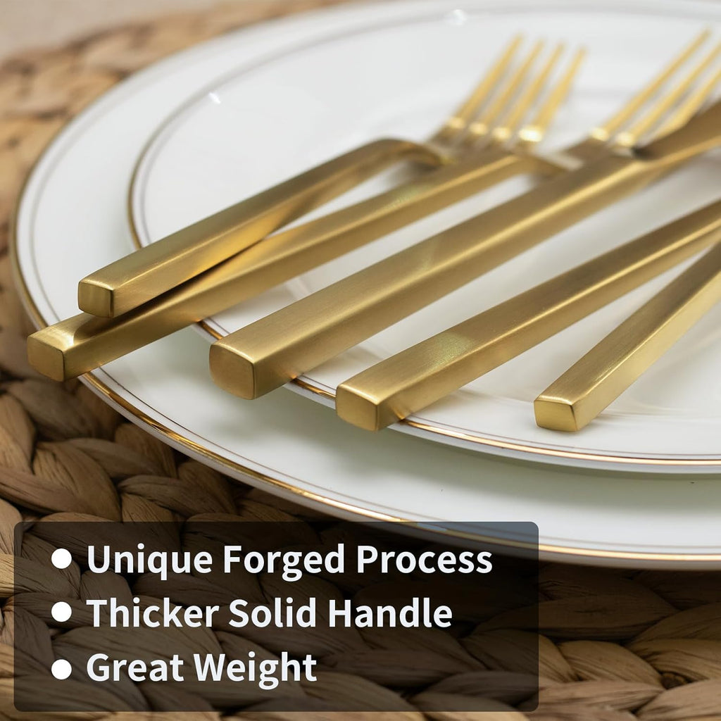 Cube Gold 20-Piece Flatware Set, Forged Cutlery Set, Matte Gold Silverware Service for 4