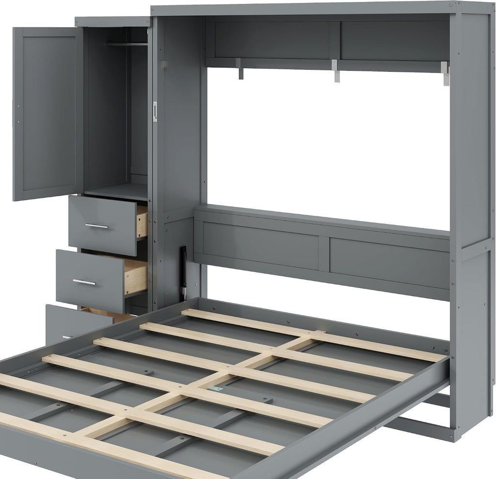 Queen Murphy Bed with Storage Wardrobe and Drawers,Solid Wood Farmhouse Murphy Wall Bed Cabinet with Drawers for Bedroom Office Guest Room,Foldable (Gray,Queen)