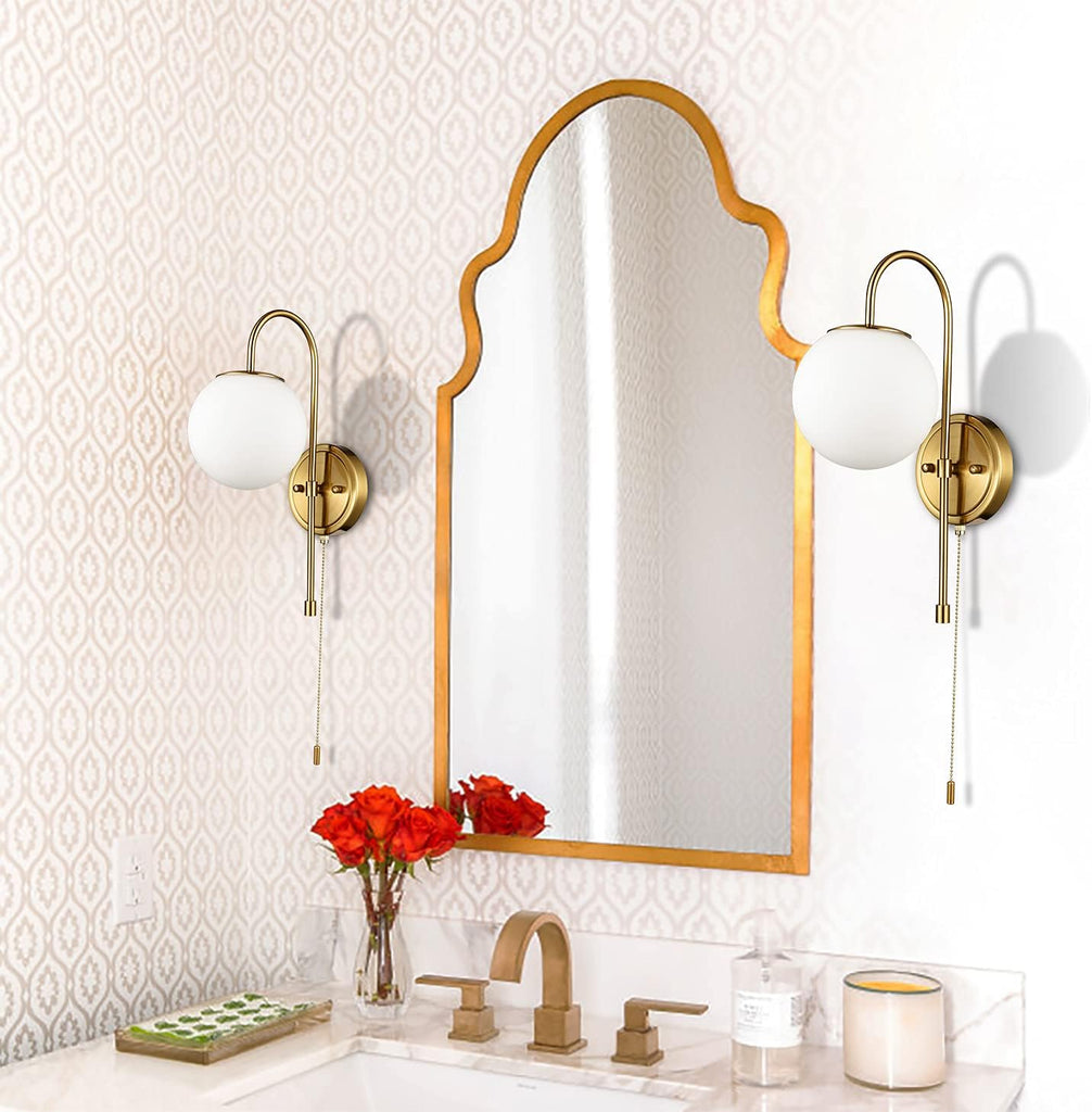 Modern Gold Wall Sconce Milk White Globe Wall Light Fixtures with Pull Chain Switch for Bedroom Bathroom Balcony