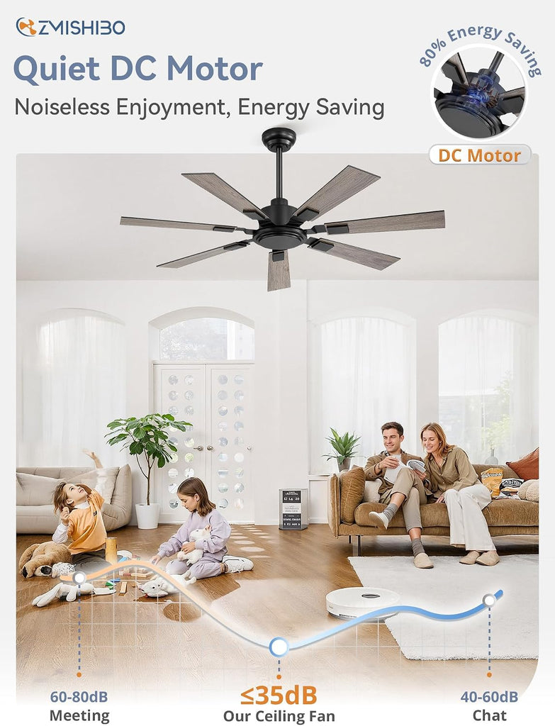 52“ Ceiling Fans No Light with Remote, Black Modern Ceiling Fan Without Light, Quiet Reversible DC Motor, 6 Speeds