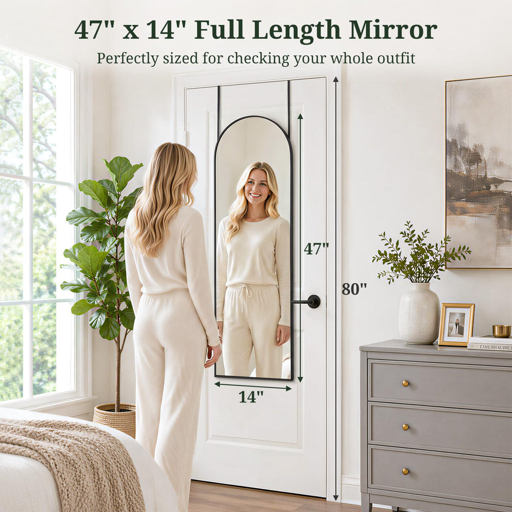 47"x14" Arched Full Length Mirror, Wall Mounted/Over the Door, Black