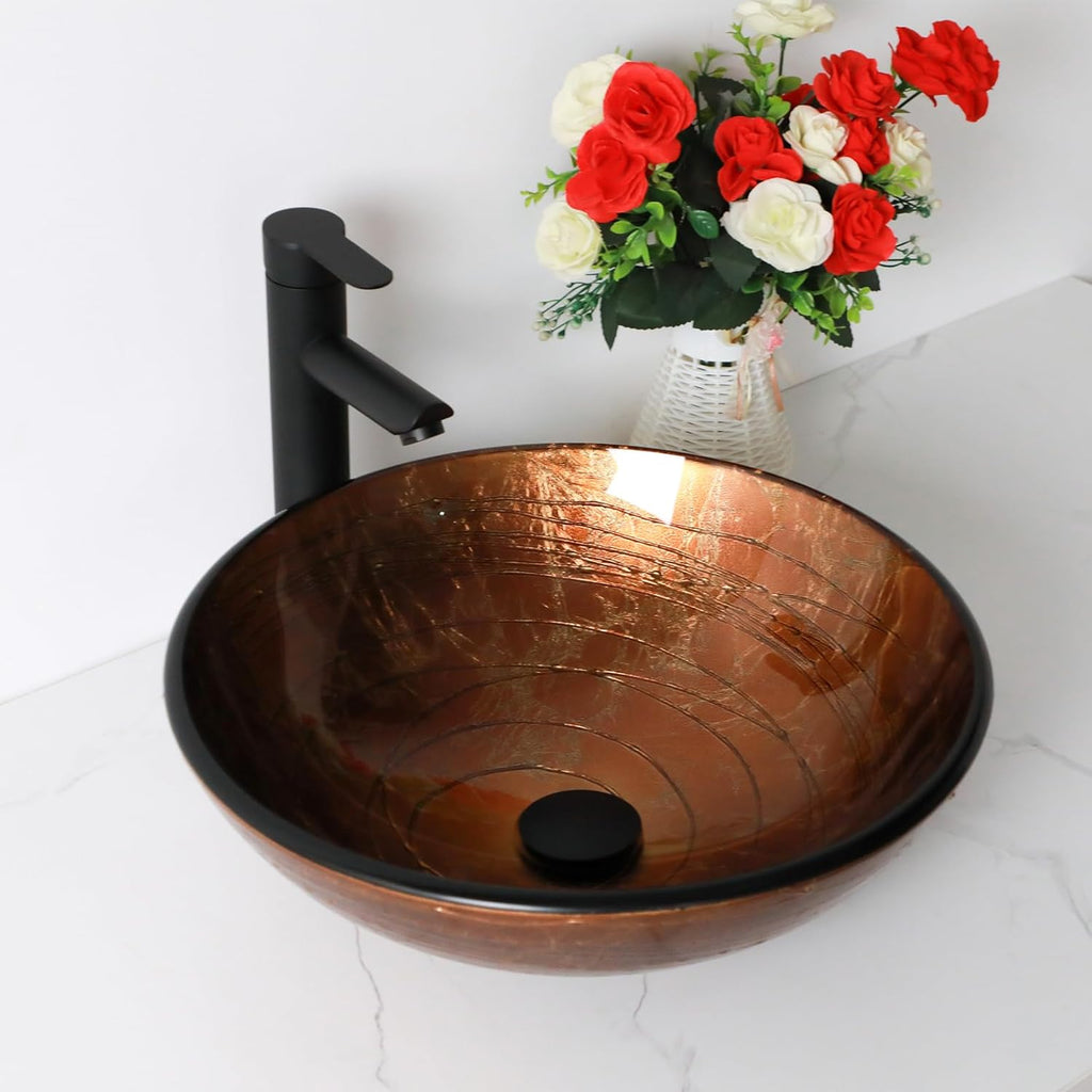 Small Bathroom Sink 17" Brwon Glass Vessel Sink With Faucet And Drain Combo Modern Round Shape Artistic Basin Bathroom