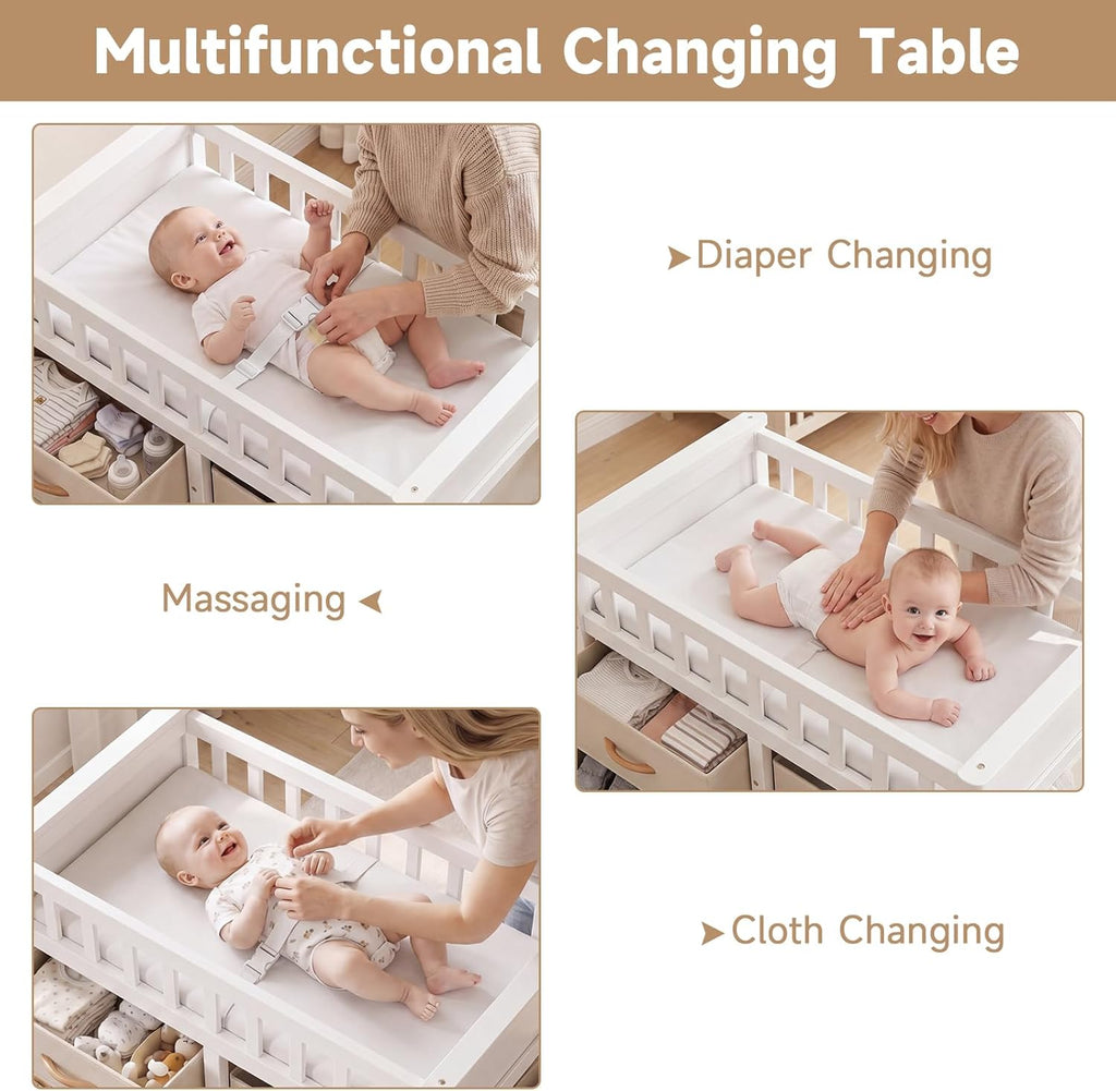 Wooden Baby Changing Table with Comfy Changing Pad, 3 Fabric Drawers, Laundry Hamper, Safety Belt, Diaper Station