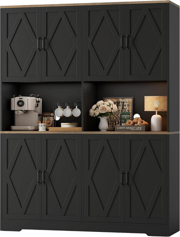 55" W Pantry Cabinet, 71" Tall Kitchen Hutch Storage Cabinet, Black
