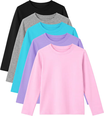 5 Pack Girls Long Sleeve Shirts Kids Cotton Crew Neck Tops