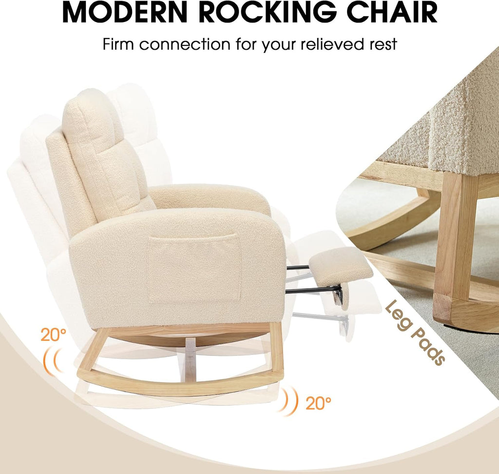 Modern Nursery Rocking Chair, Teddy Upholstered Rocking Chair with Footrest, Comfortable Rocker Glider with Side