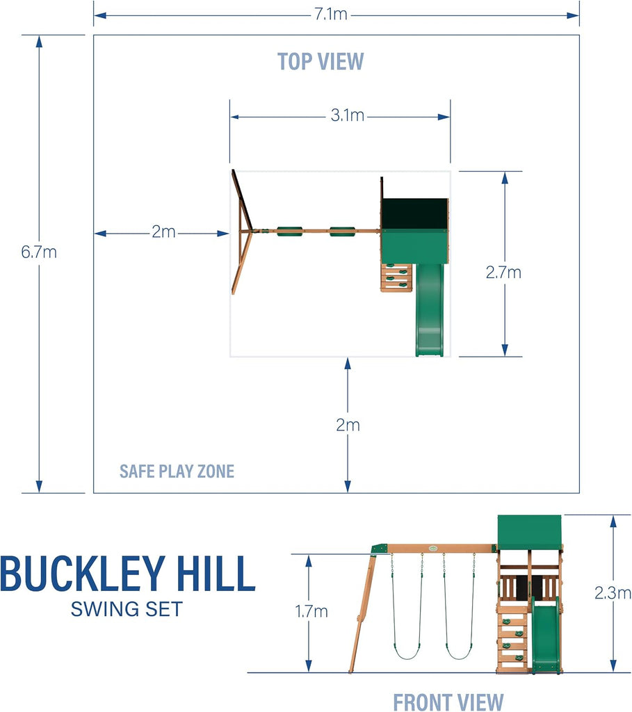 Buckley Hill Cedar Wood Swing Set with Wave Slide, Play Deck, Rock Wall Ladder, Belt Swings, Chalkboard, Canopy Roof