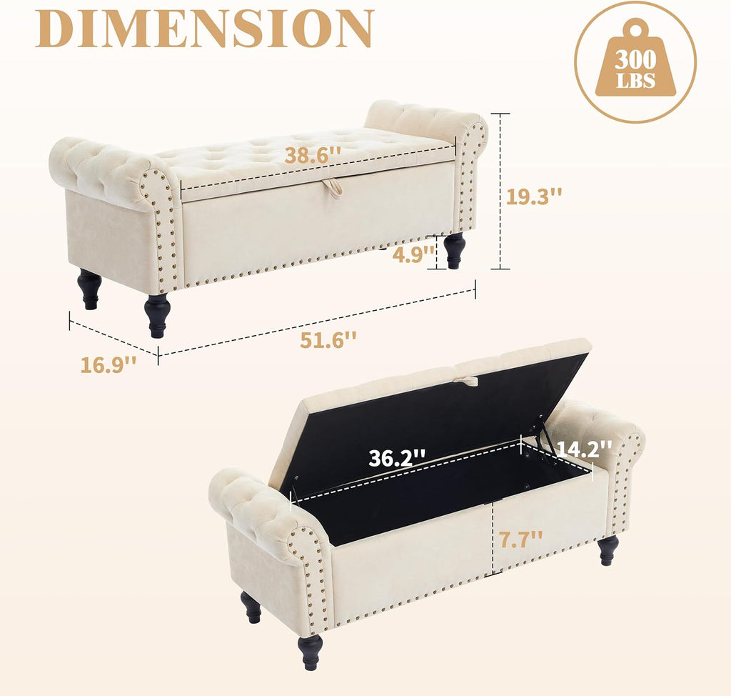 51" Storage Bench , Upholstered Ottoman Bench, Chenille Beige | End of Bed Bench , Window Benches , Ottoman with