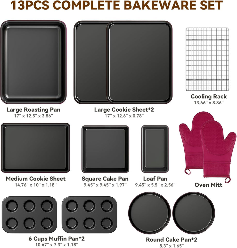 13-Piece Pans Set, Nonstick Bakeware Sets, Plum | Includes Cookie Sheet with Rack, Cake Pan, Loaf Pan, Roasting Pan