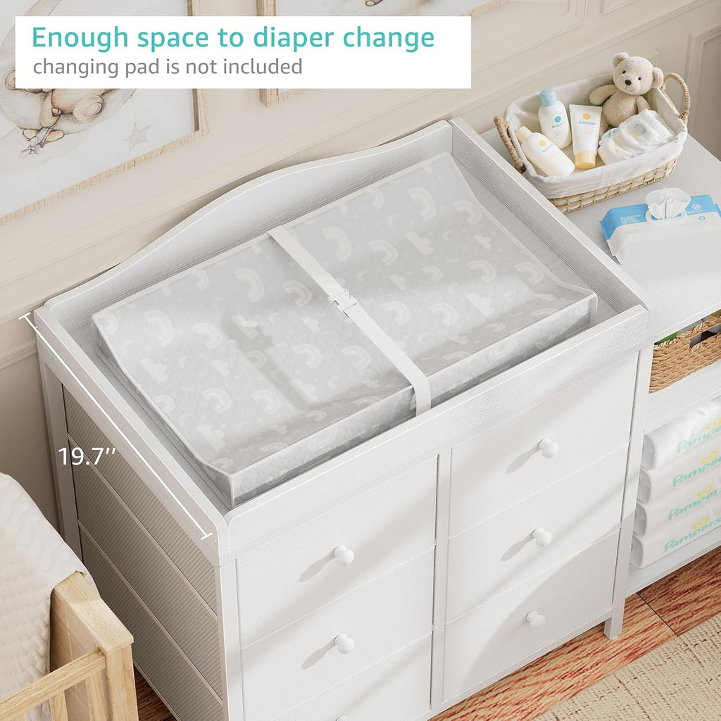 Baby Dresser with Changing Table Top, White Changing Table Dresser with 6 Fabric Drawers Diaper Changing Station with