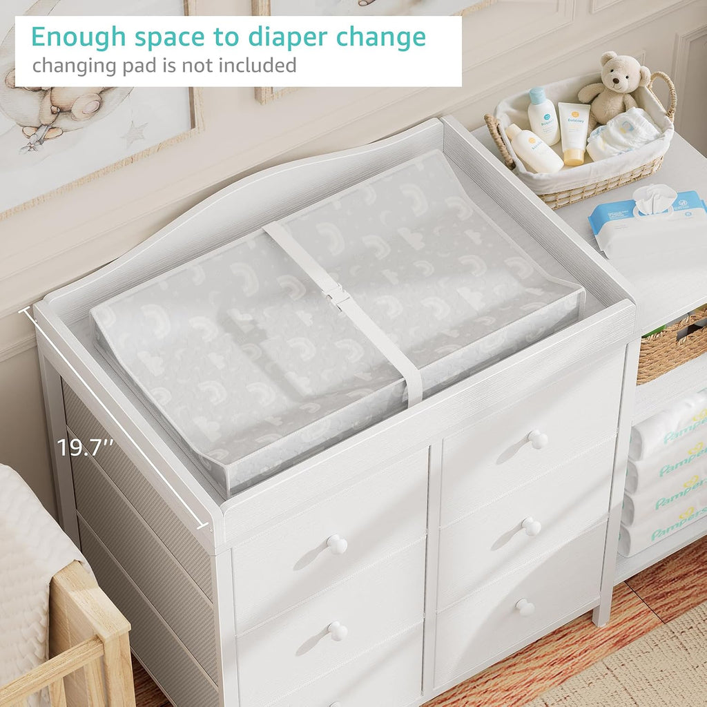 Baby Dresser with Changing Table Top, White Changing Table Dresser with 6 Fabric Drawers Diaper Changing Station with