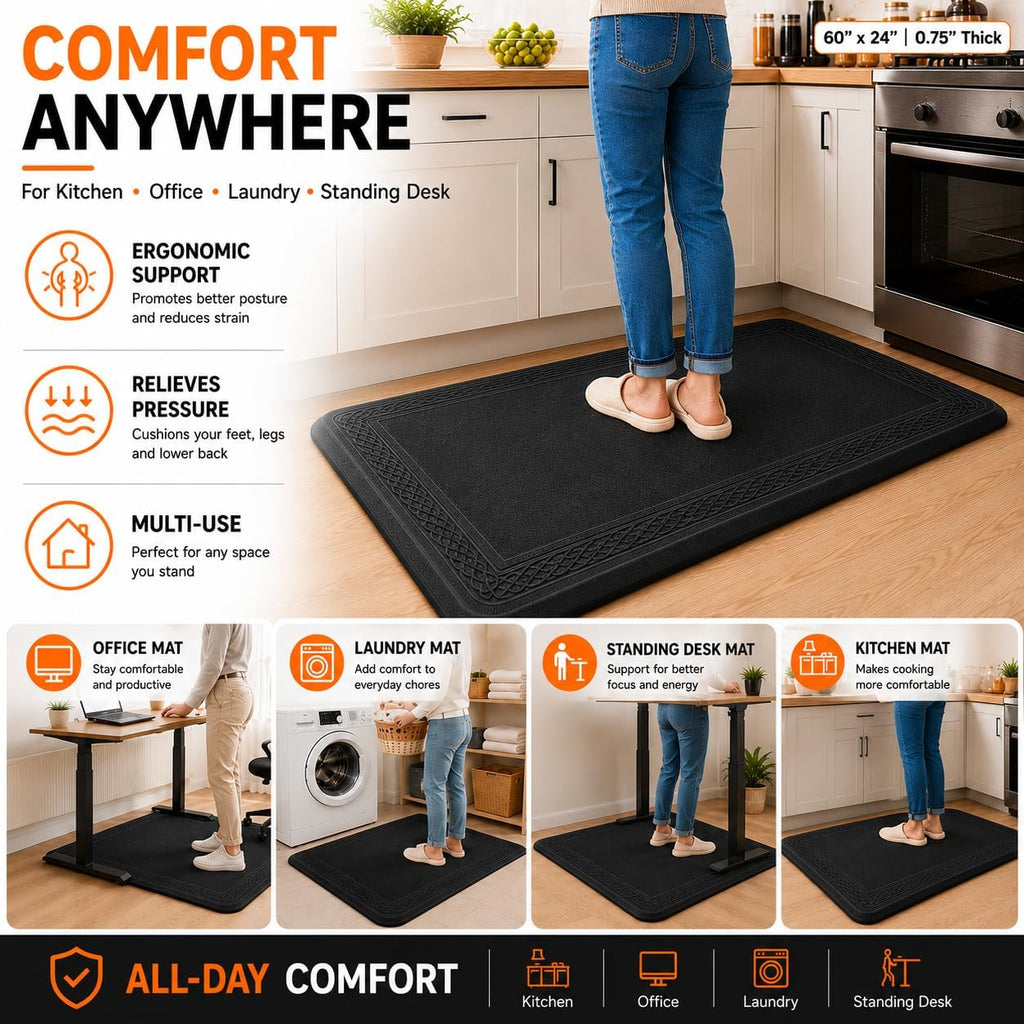 24 x 60 Inch Extra Support Anti Fatigue Comfort Kitchen Mat, Waterproof Long Kitchen Runner, Non-Slip Standing Desk
