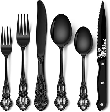 48 Pieces Black Silverware Set with Steak Knives, Gorgeous Retro Royal Silverware Set for 8