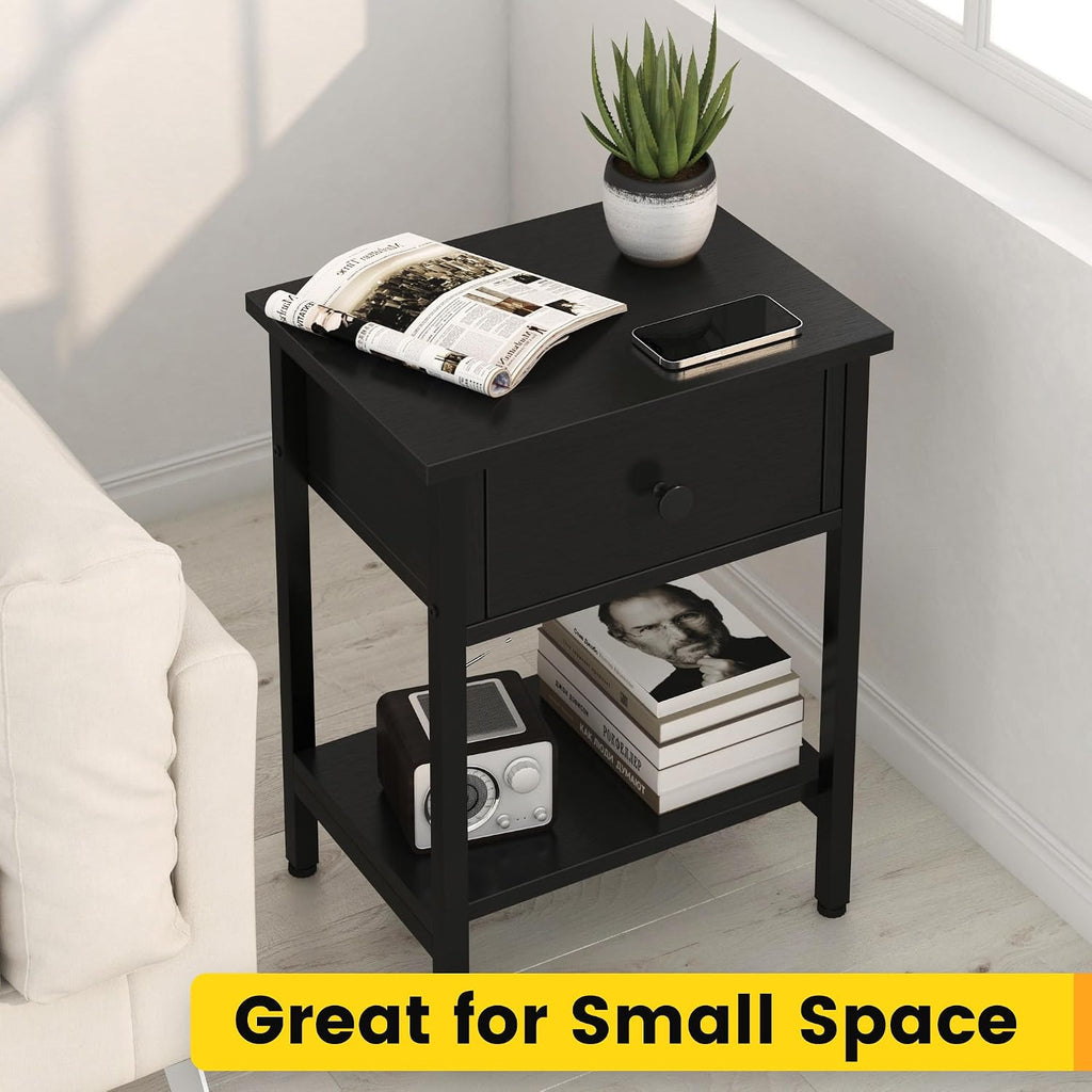 Nightstands Set of 2 with Drawers, Bedside Table Set of 2 with Storage Shelf, Heavy Duty End Side Table Bedroom Small