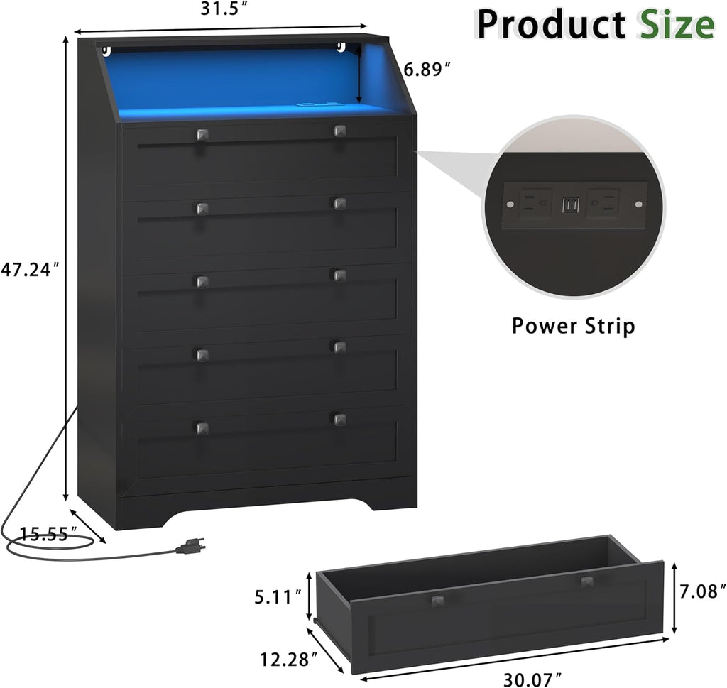 Black Dresser Tall 5 Drawer Dresser , Wood Chest of Drawers with LED Lights, Charging Station, Metal Handles, Modern