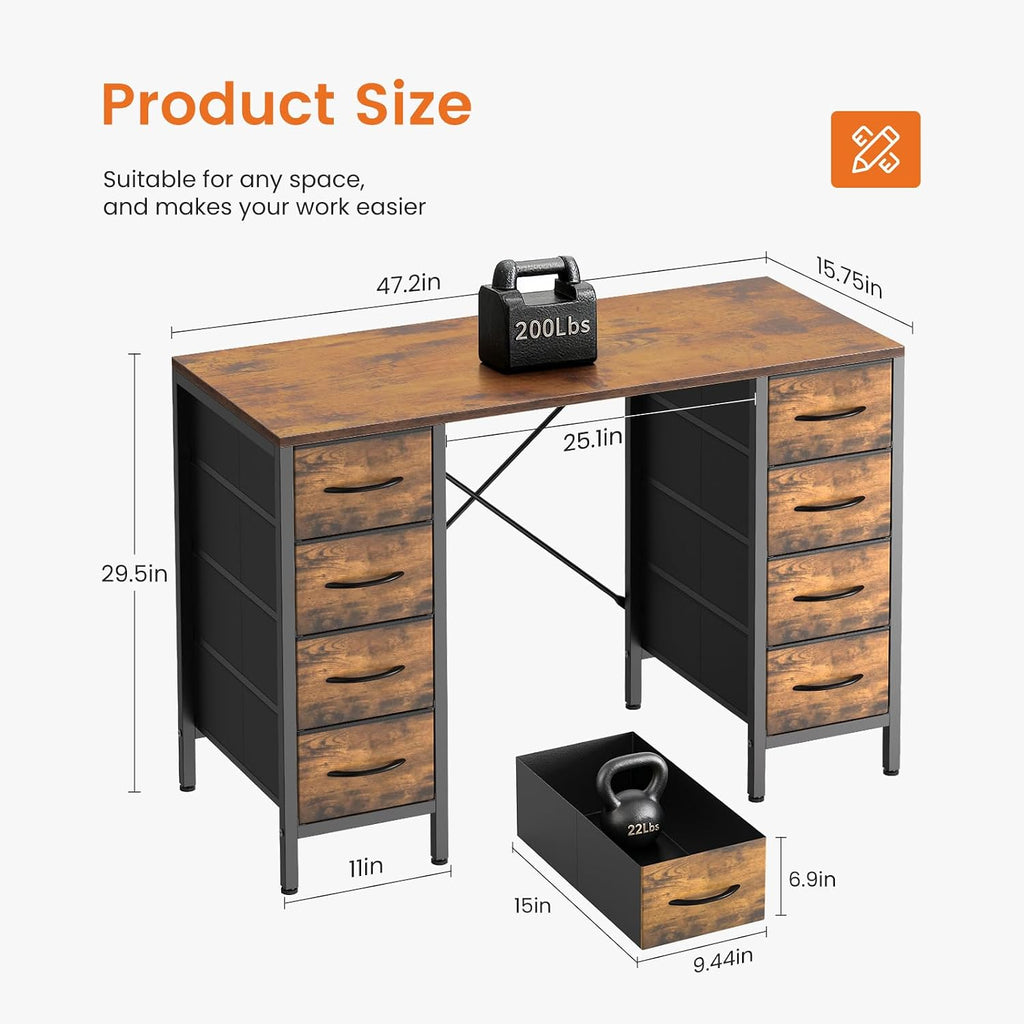 Desk with 8 Fabric Storage Drawers, Computer Office 47 Inch Gaming Writing Study Table with X-Shaped Reinforced