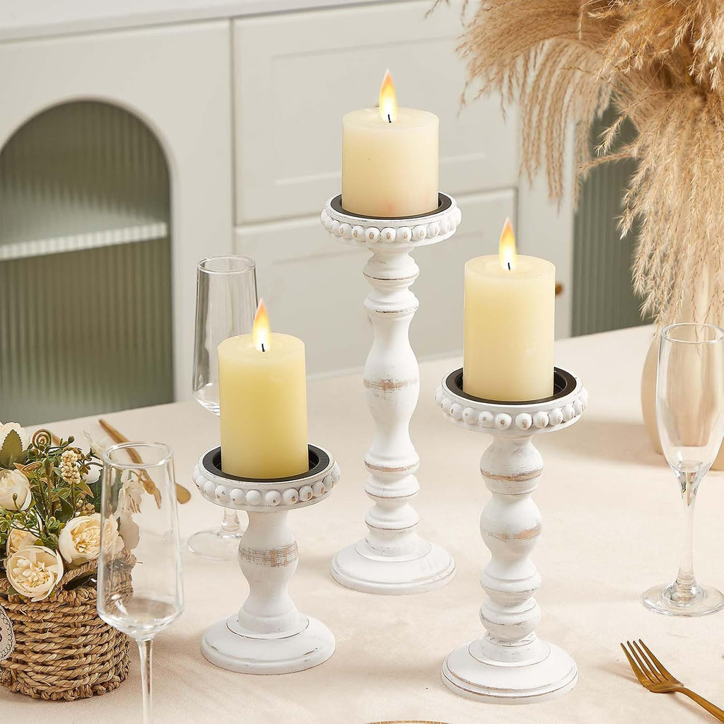 3 Pcs Candle Holders for Pillar Candles Rustic Farmhouse Home Decor Decorative Washed Beaded White Black Wood Candle