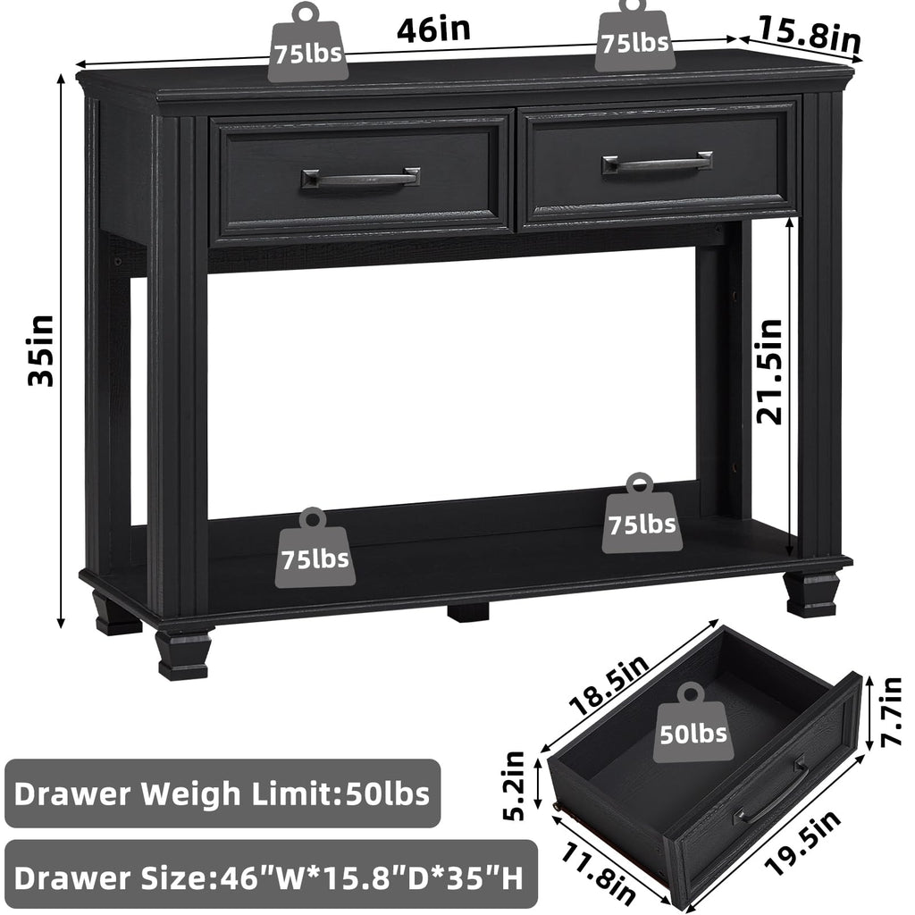 46" Farmhouse Console Table with Drawers, Black Entryway Table