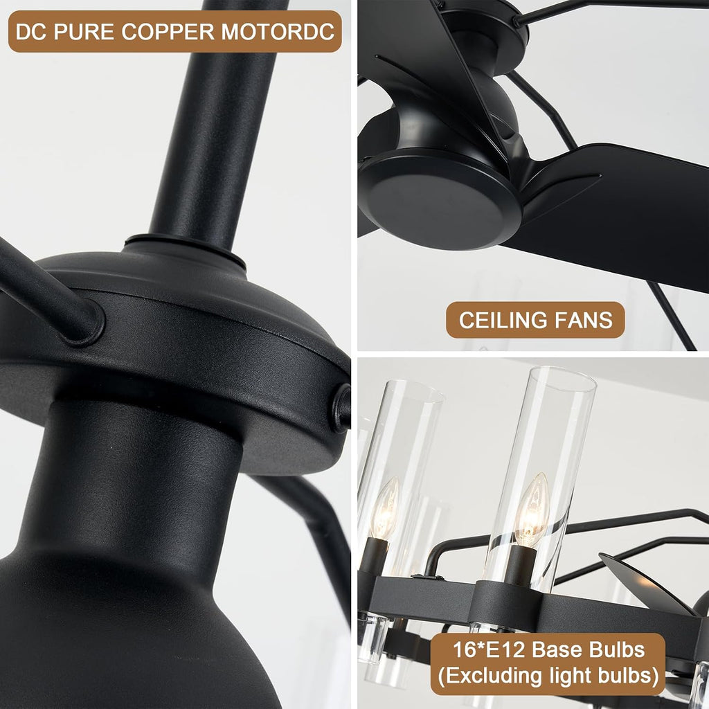 Inspired Ravelle Style Black Ceiling Fans with 16 Lights Wagon Wheel Chandelier, 48 Inch Modern Farmhouse Fandelier, Quiet 6-Speed Reversible DC Motor, 1/2/4H Remote Timing for Living Room/Bedroom/Kitchen