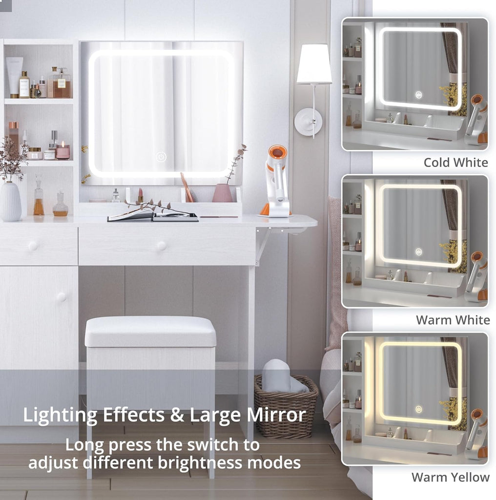 Vanity Desk with Charging Station and Dressing Room | LED Lights, Drawers, Mirror, Storage, Drawer space