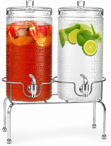 Gallon for Parties, Hobnail Drink Dispenser, Beverage Dispenser with Stand and Glass Lid, 100% Leakproof - Set of 2