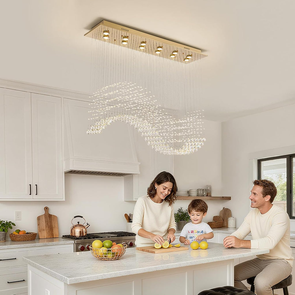 12-Lights Modern Crystal Chandeliers, Luxury Wave Raindrop Crystal Pedant Light Fixture, Rectangular Flush Mount