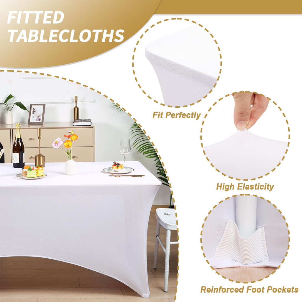 3 Pack 6FT White Tablecloth Rectangle Spandex Fitted Table Cover