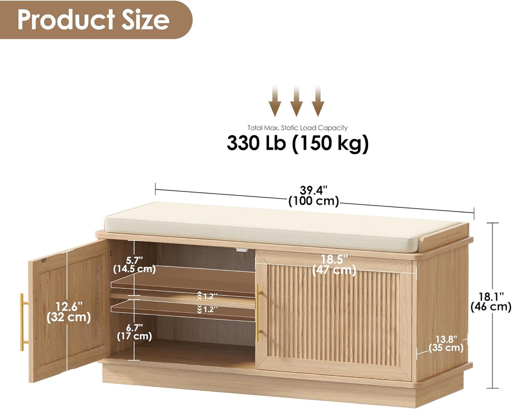 Fluted Shoe Storage Bench with Cushion, 39.4" Entryway Bench with Adjustable Shelves and 2 Doors, Shoe Cabinet Bench