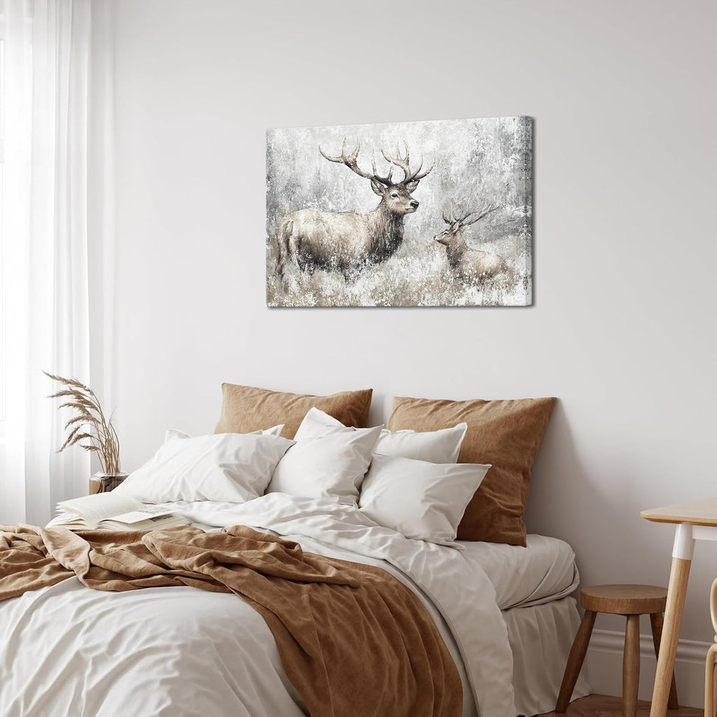 Deer Canvas Wall Art Vintage Elk Painting Prints Rustic Farmhouse Kitchen Decor Wildlife Artwork Framed Ready to Hang