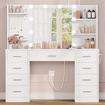 Vanity Desk with Mirror and Lights, Makeup Vanity with 9 Drawers, 4 Shelves & 5 Jewel Hooks, White Vanity with Outlet