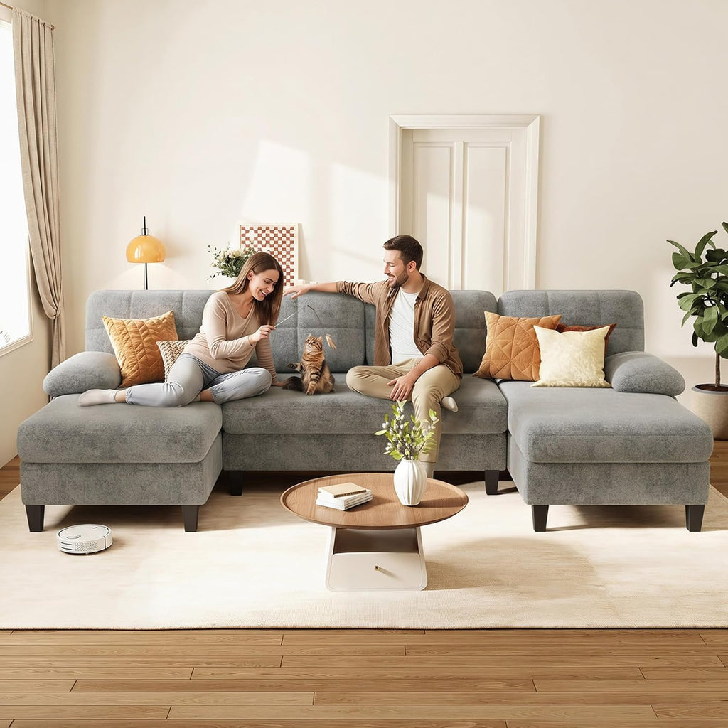 U-Shaped Sectional Couch , 112" Sectional Sofa with Double Chaise, Modern Sofa Deep Seat Couches , Grey