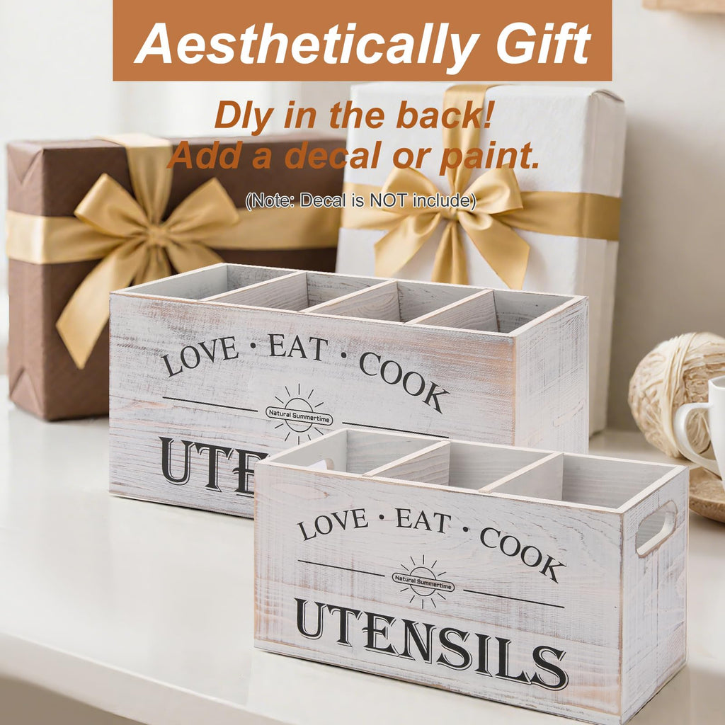 2 PC Wooden Utensil Holder,(With 4-Compartments size*1 + 3-Compartments size*1) Extra Large Kitchen Counter,Cooking