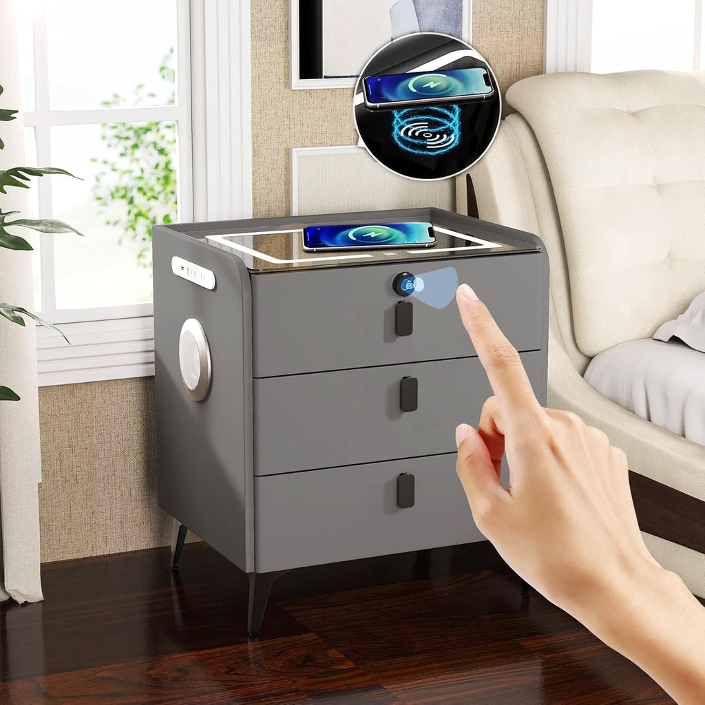 Smart Nightstand with Fingerprint Lock Drawer, Nightstand with Wireless Charging, Night Stand with Charging Station,2
