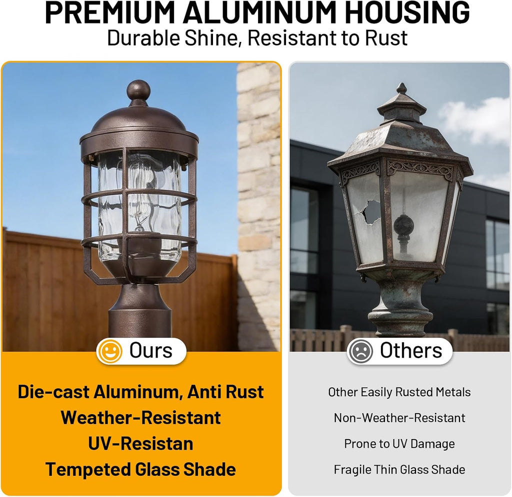 Outdoor Post Lights Lamp Post Light Fixture with Water Ripple Glass Industrial Lantern Cage