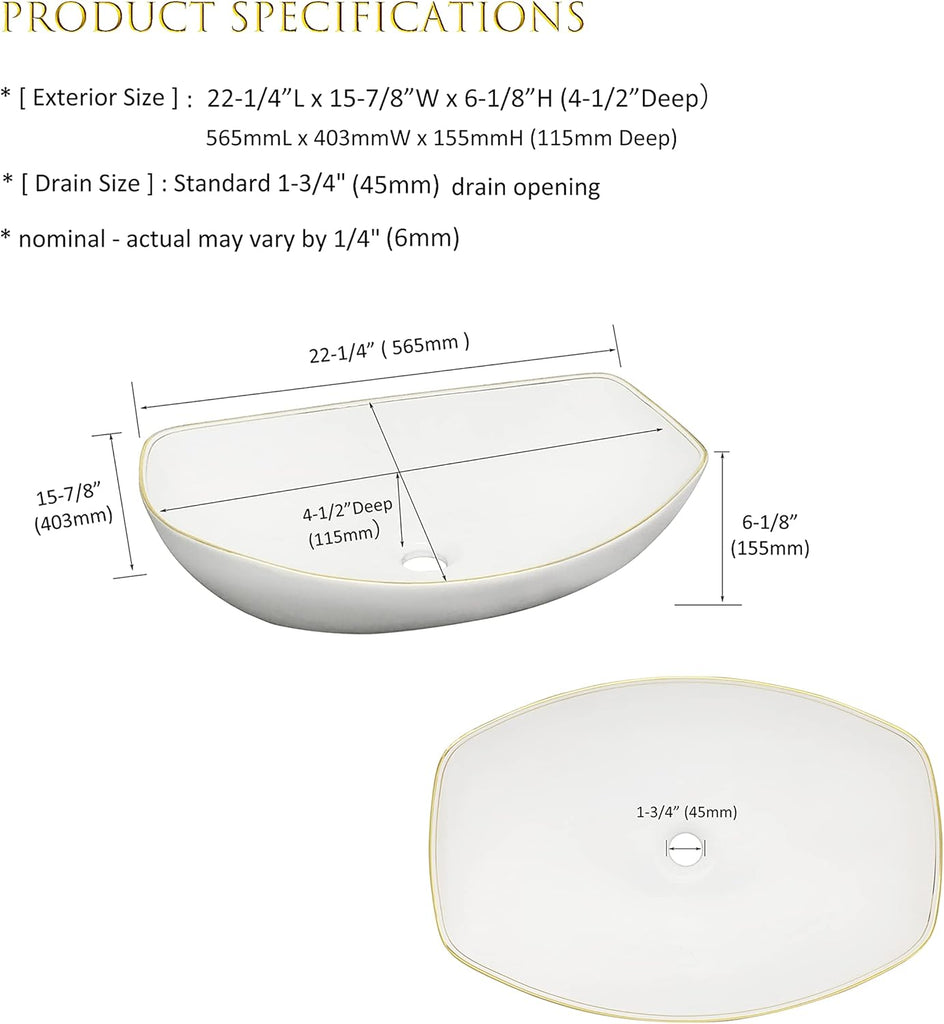 22 X 16 inch LUXURY GOLD rim Oval Vessel, Above Counter Bathroom Sink, Porcelain Ceramic Vessel Vanity Sink