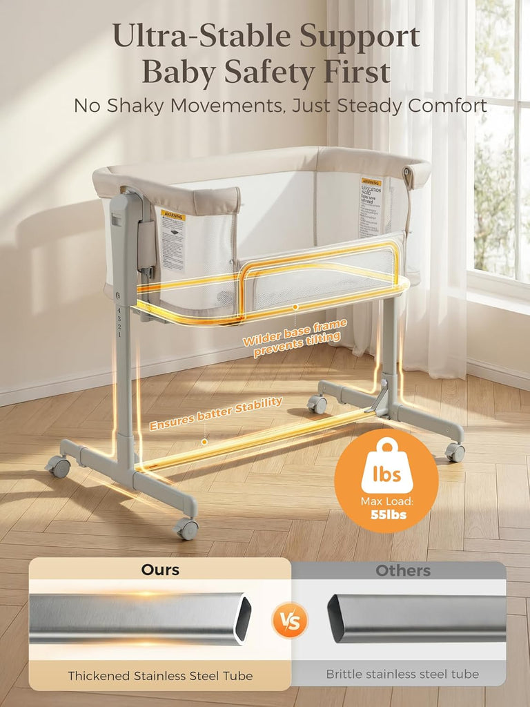 Baby Bassinet Bedside Sleeper 3-in-1, Easy Night Feeding with One-Side Fold & Rolling Wheels, Breathable Mesh