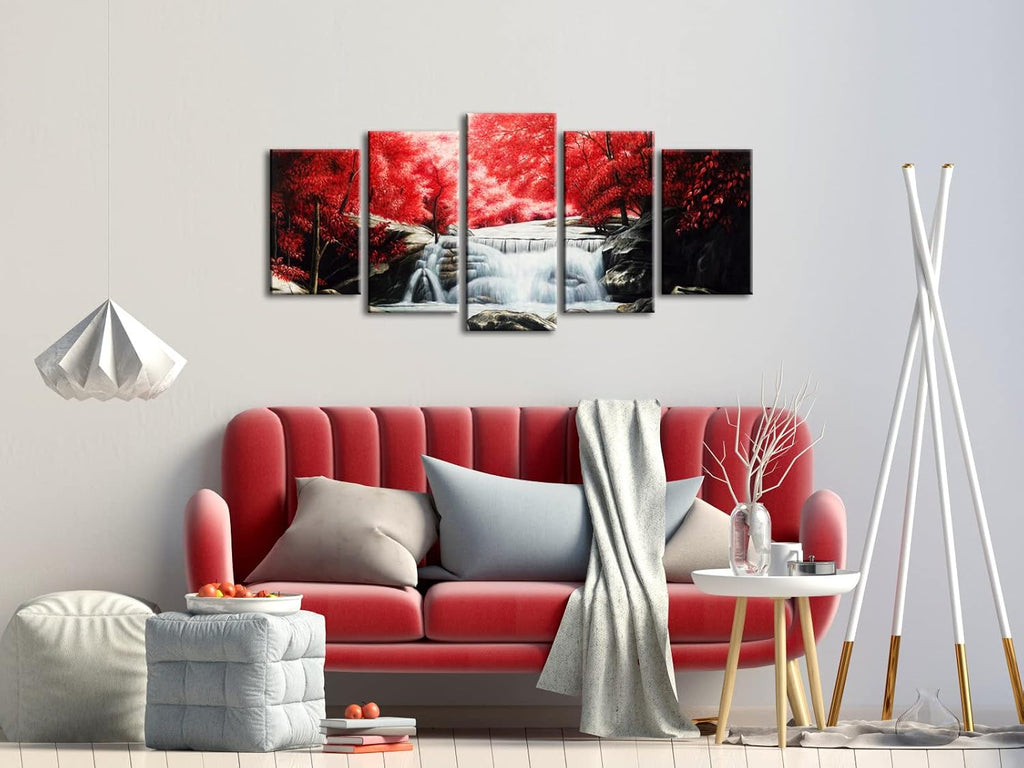 Red Forest Waterfalls 5 Piece Canvas Prints Wall Art for Living Bedroom Room Home Decorations Modern Gallery Wrapped
