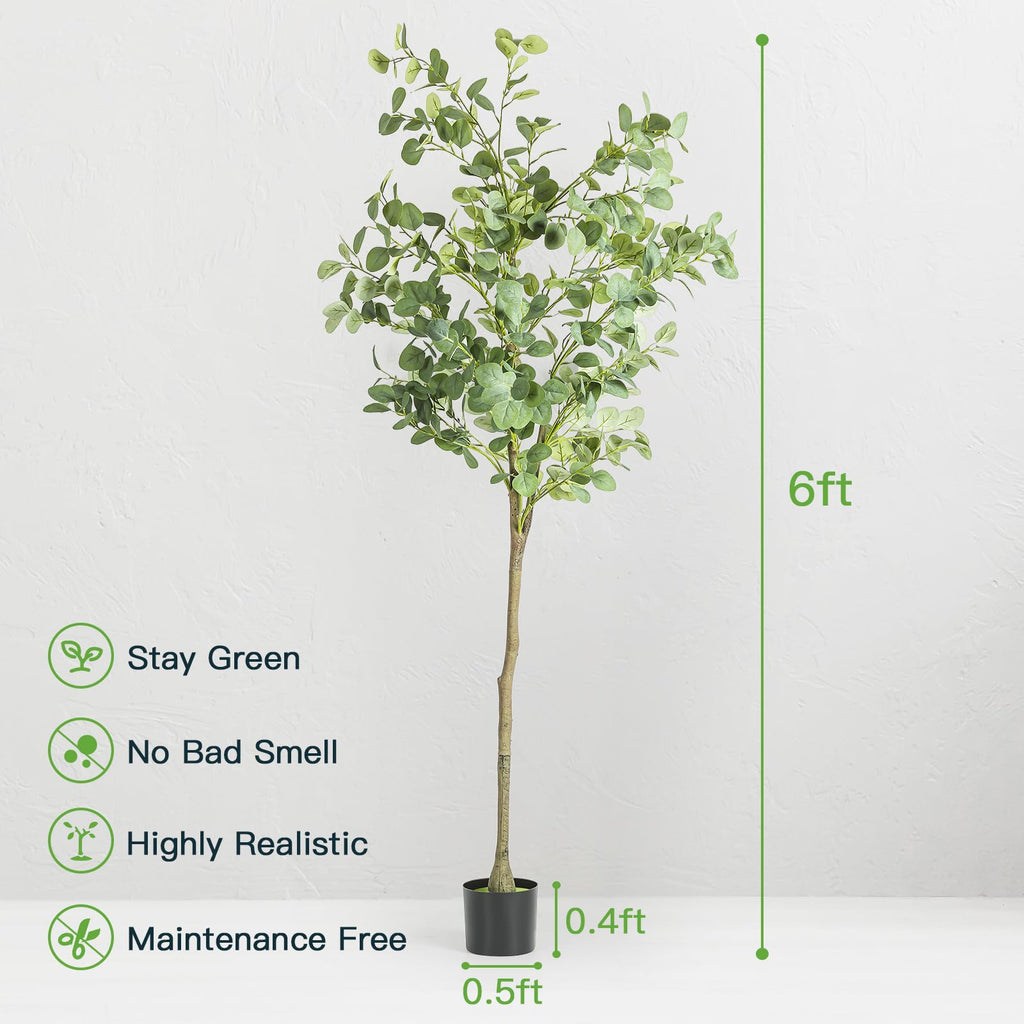 6FT Artificial Eucalyptus Tree Indoor Fake Tree Tall Fake Eucalyptus Plant Large Lifelike Green Faux Tree Living Room