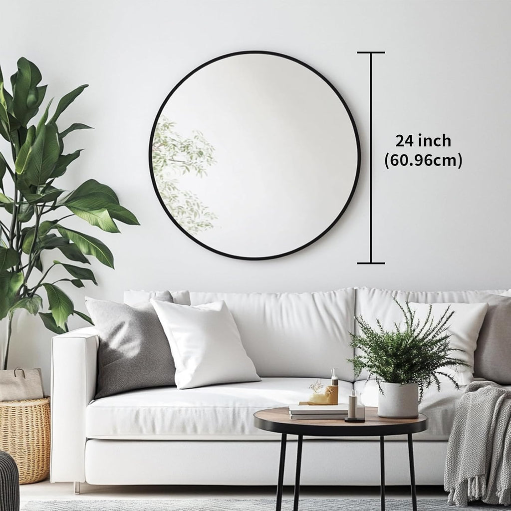 Round Mirror, Black Round Mirror 24 inch, Circle Wall Mirrors Metal Frame, Circular Mirrors for Wall, Living Room