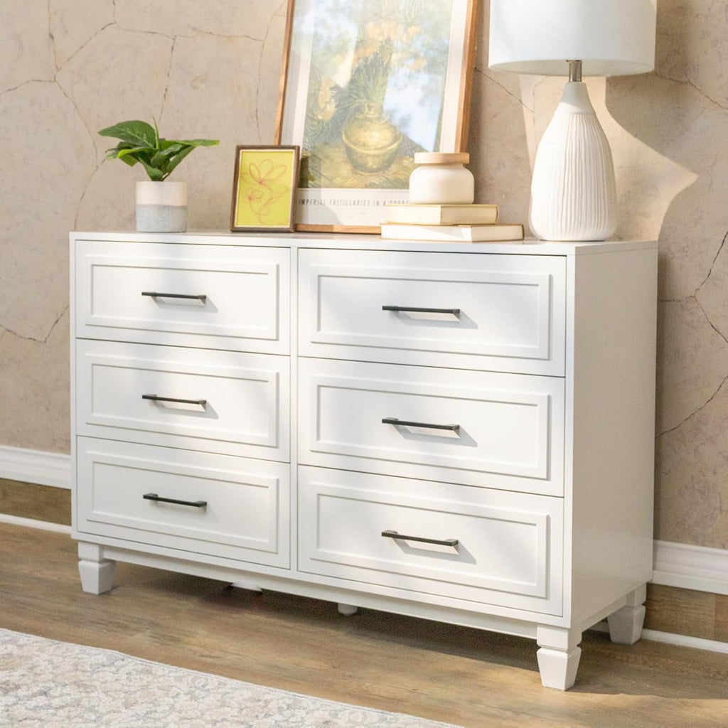 Farmhouse 6 Drawers Dresser , White Dressers with Unique Solid Wood Legs, Modern Wide Chest Dressers for Clothes