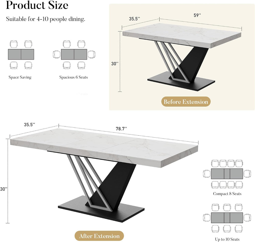 59'' to 78.7'' Extendable Dining Table for 4-8, Faux Marble Expandable Kitchen Table with Sturdy Metal Base